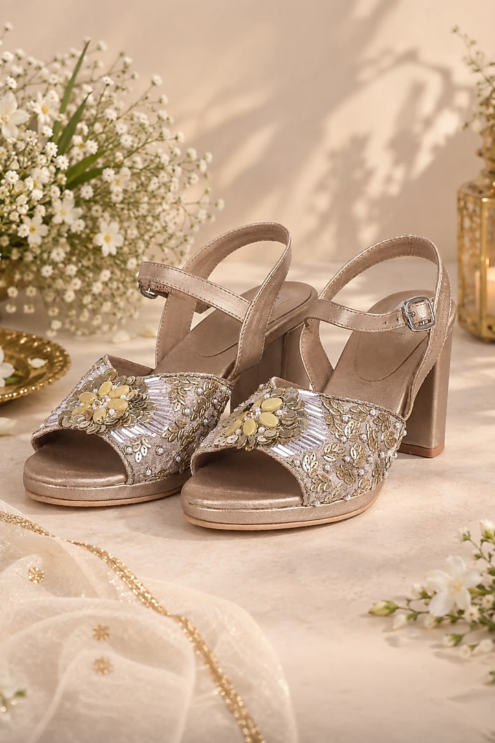 Gold Faux Leather Hand Embroidered Block Heels by Fuchsia by Aashka Mehta at Pernia's Pop Up Shop