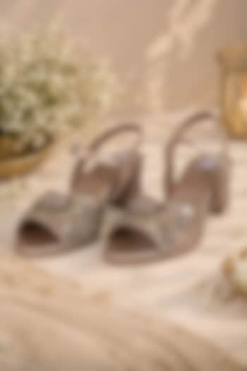Gold Faux Leather Hand Embroidered Block Heels by Fuchsia by Aashka Mehta at Pernia's Pop Up Shop