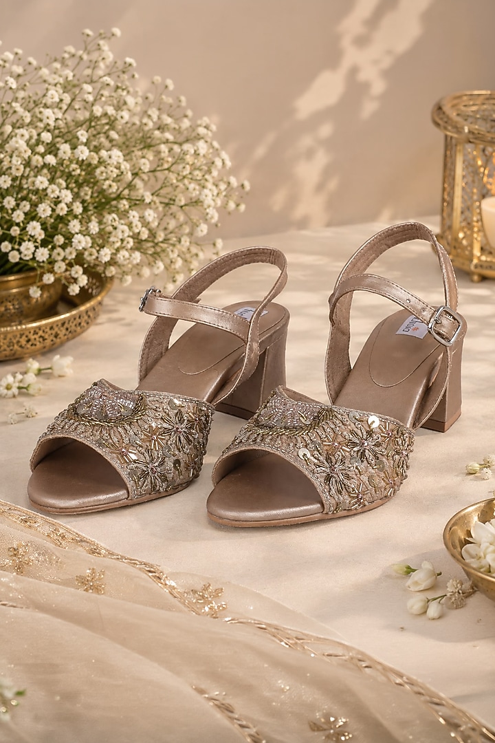 Gold Faux Leather Hand Embroidered Block Heels by Fuchsia by Aashka Mehta at Pernia's Pop Up Shop