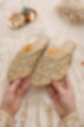 Gold Faux Leather Zardosi Hand Embroidered Juttis by Fuchsia by Aashka Mehta at Pernia's Pop Up Shop