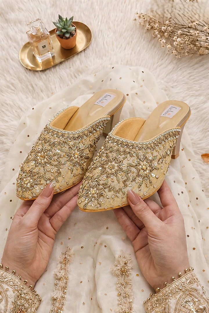 Gold Faux Leather Zardosi Hand Embroidered Juttis by Fuchsia by Aashka Mehta at Pernia's Pop Up Shop