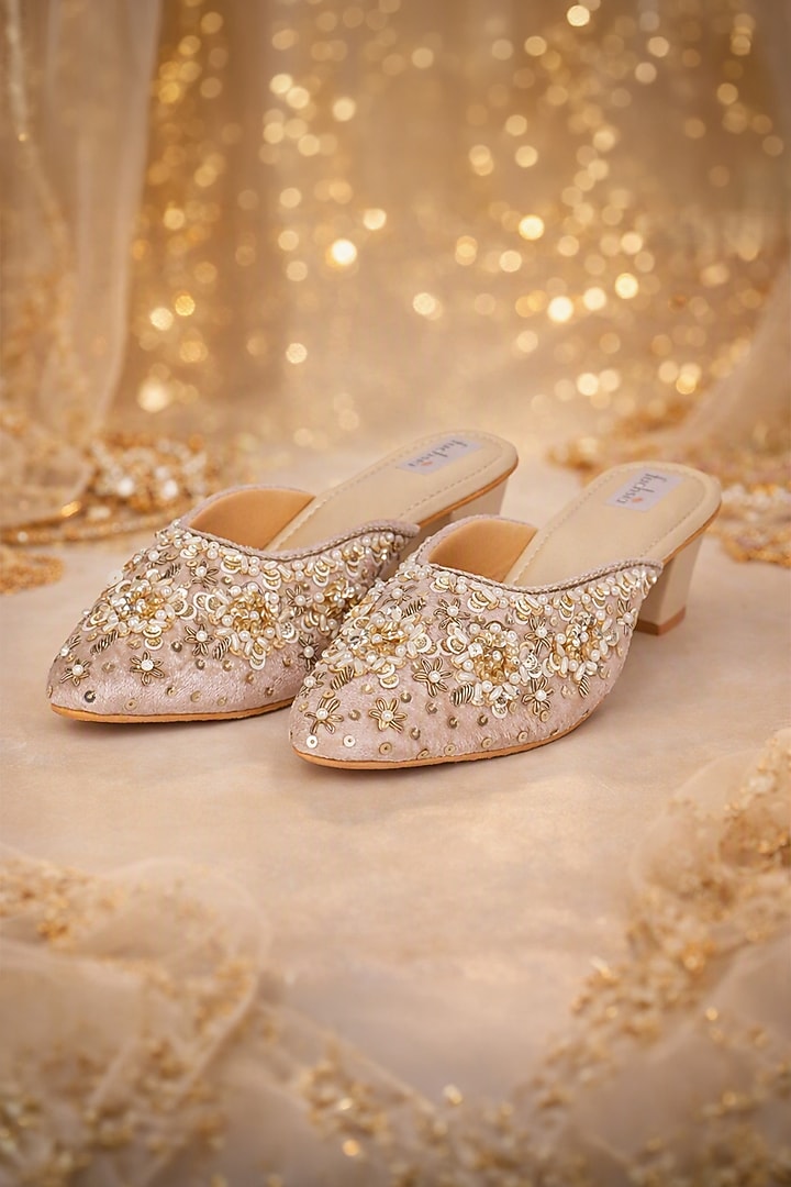 Gold Faux Leather Zardosi Hand Embroidered Juttis by Fuchsia by Aashka Mehta at Pernia's Pop Up Shop