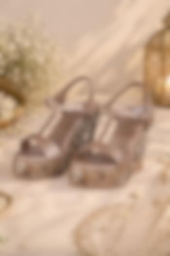 Gold Faux Leather Hand Embroidered Wedges by Fuchsia by Aashka Mehta at Pernia's Pop Up Shop