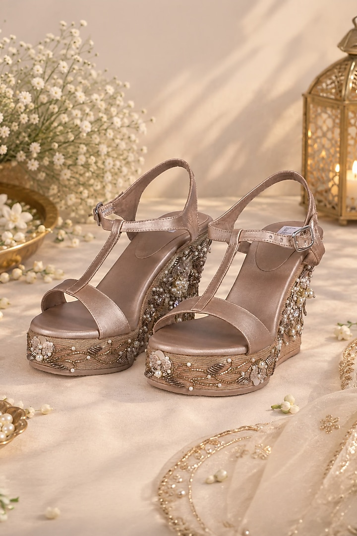 Gold Faux Leather Hand Embroidered Wedges by Fuchsia by Aashka Mehta at Pernia's Pop Up Shop