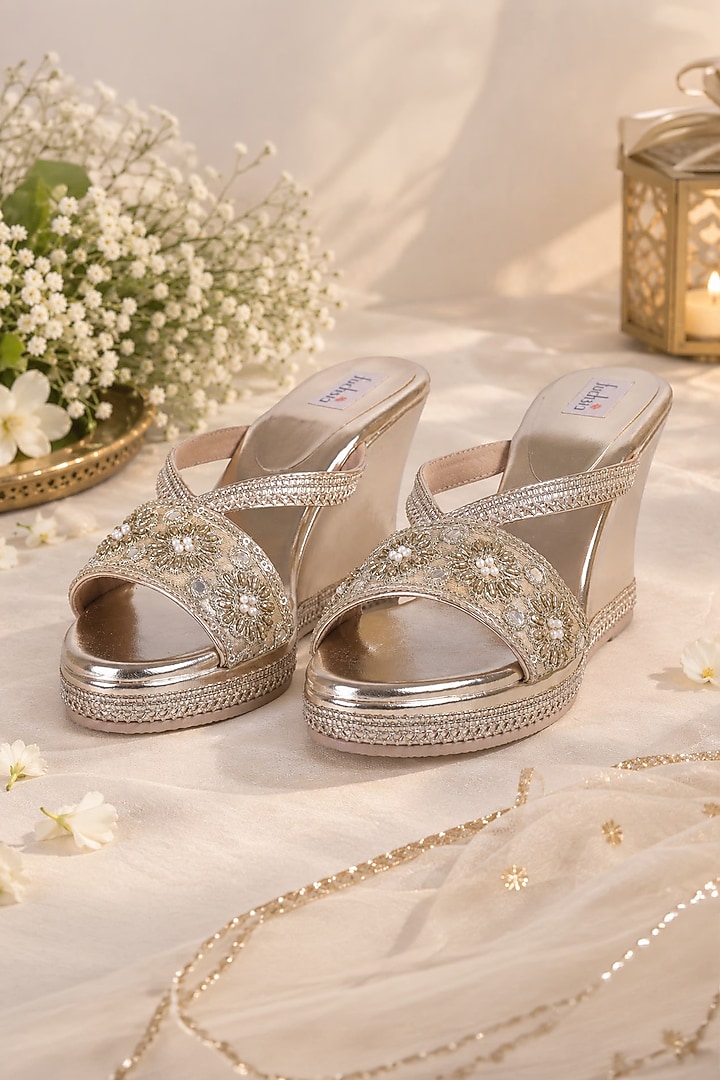 Gold Faux Leather & Silk Hand Embroidered Block Heels by Fuchsia by Aashka Mehta at Pernia's Pop Up Shop