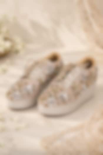 Gold Faux Leather Hand Embroidered Sneakers by Fuchsia by Aashka Mehta at Pernia's Pop Up Shop