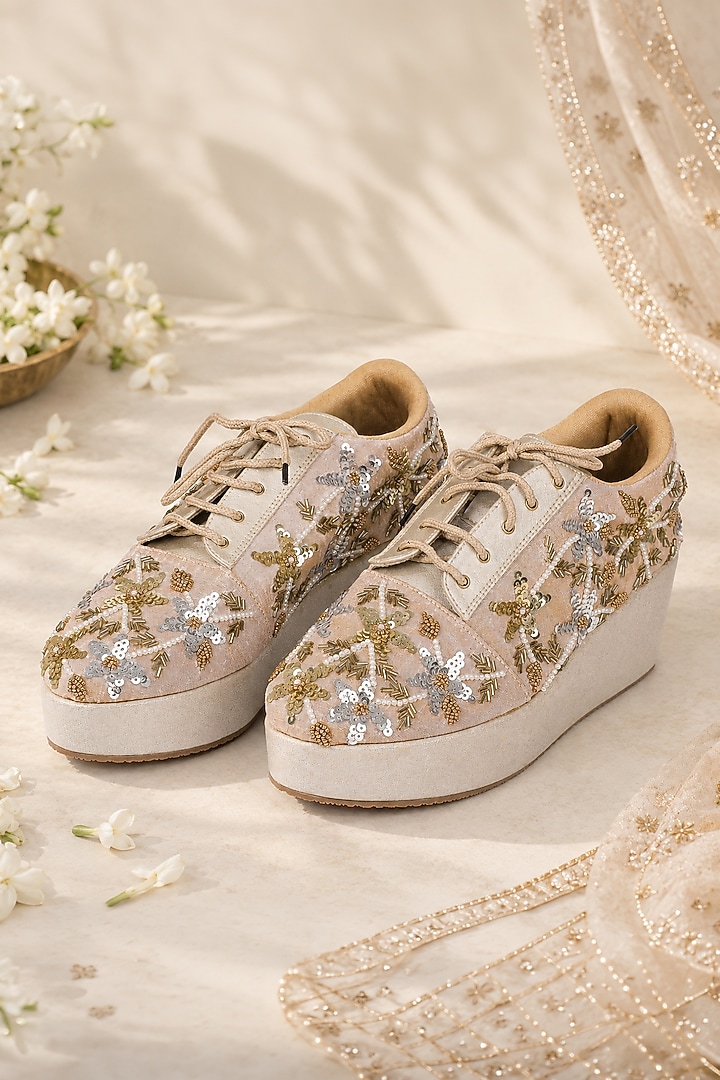 Gold Faux Leather Hand Embroidered Sneakers by Fuchsia by Aashka Mehta at Pernia's Pop Up Shop
