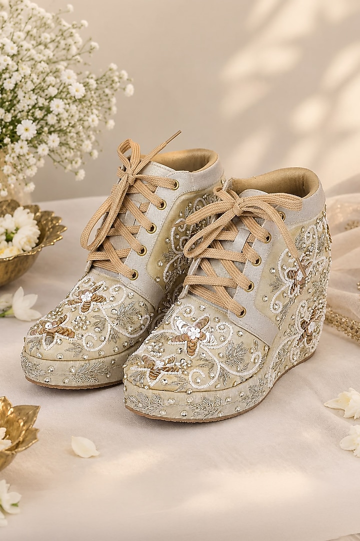 Gold Faux Leather Hand Embroidered Sneakers by Fuchsia by Aashka Mehta at Pernia's Pop Up Shop