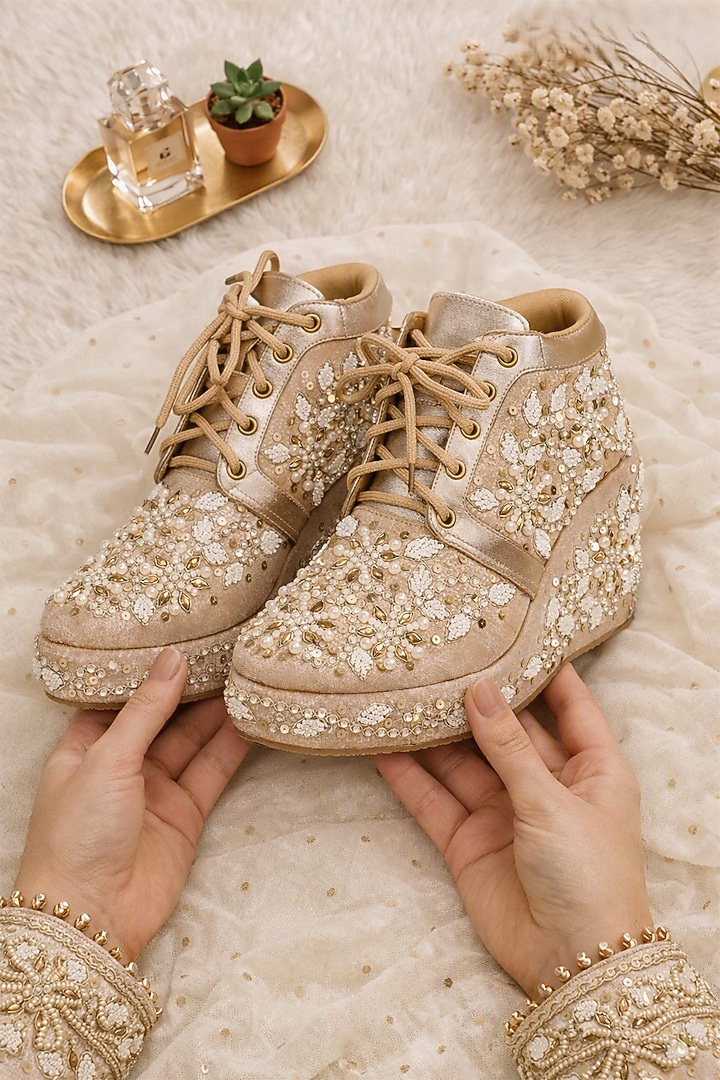 Gold Faux Leather Hand Embroidered Sneakers by Fuchsia by Aashka Mehta at Pernia's Pop Up Shop