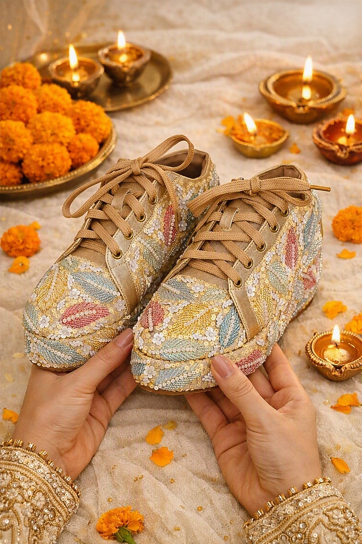 Yellow Faux Leather Sequins Hand Embroidered Sneakers by Fuchsia by Aashka Mehta at Pernia's Pop Up Shop