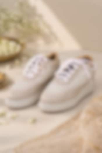 White Faux Leather Sequins Hand Embroidered Sneakers by Fuchsia by Aashka Mehta at Pernia's Pop Up Shop