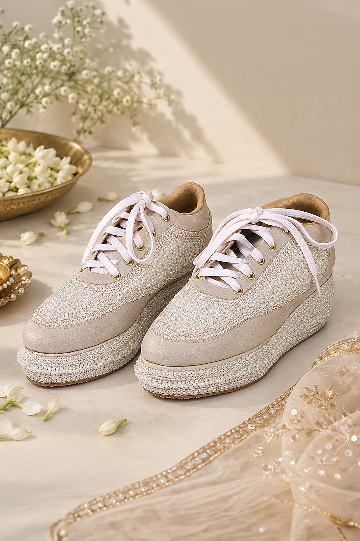 White Faux Leather Sequins Hand Embroidered Sneakers by Fuchsia by Aashka Mehta at Pernia's Pop Up Shop