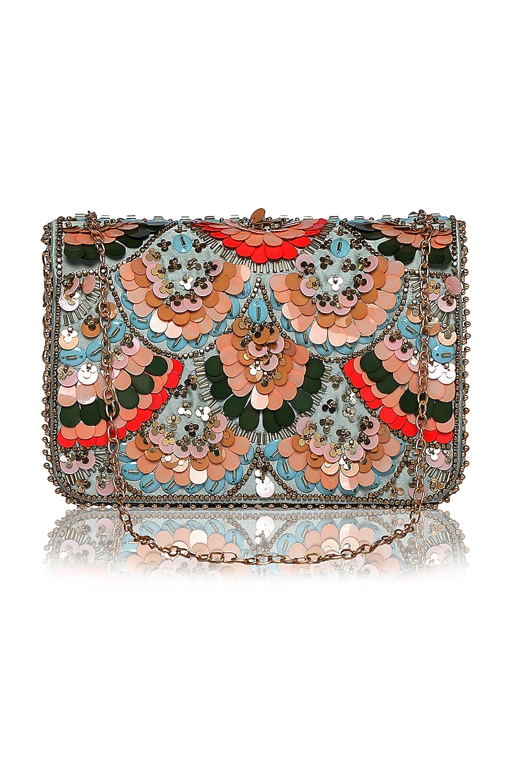 Powder Blue Sequins Embroidered Clutch by Fuchsia by Aashka Mehta