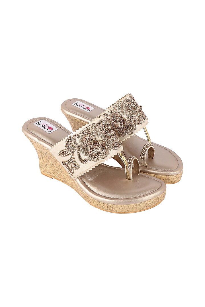 Gold Zardosi Embroidered Kolhapuri Wedges by Fuchsia by Aashka Mehta at Pernia's Pop Up Shop