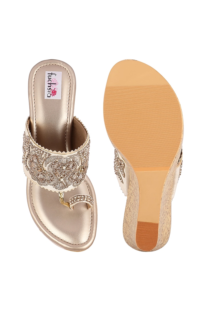 Gold Zardosi Embroidered Kolhapuri Wedges by Fuchsia by Aashka Mehta at Pernia's Pop Up Shop