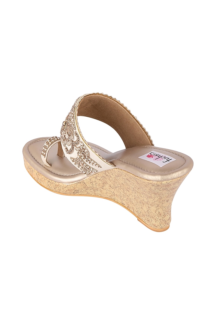 Gold Zardosi Embroidered Kolhapuri Wedges by Fuchsia by Aashka Mehta at Pernia's Pop Up Shop