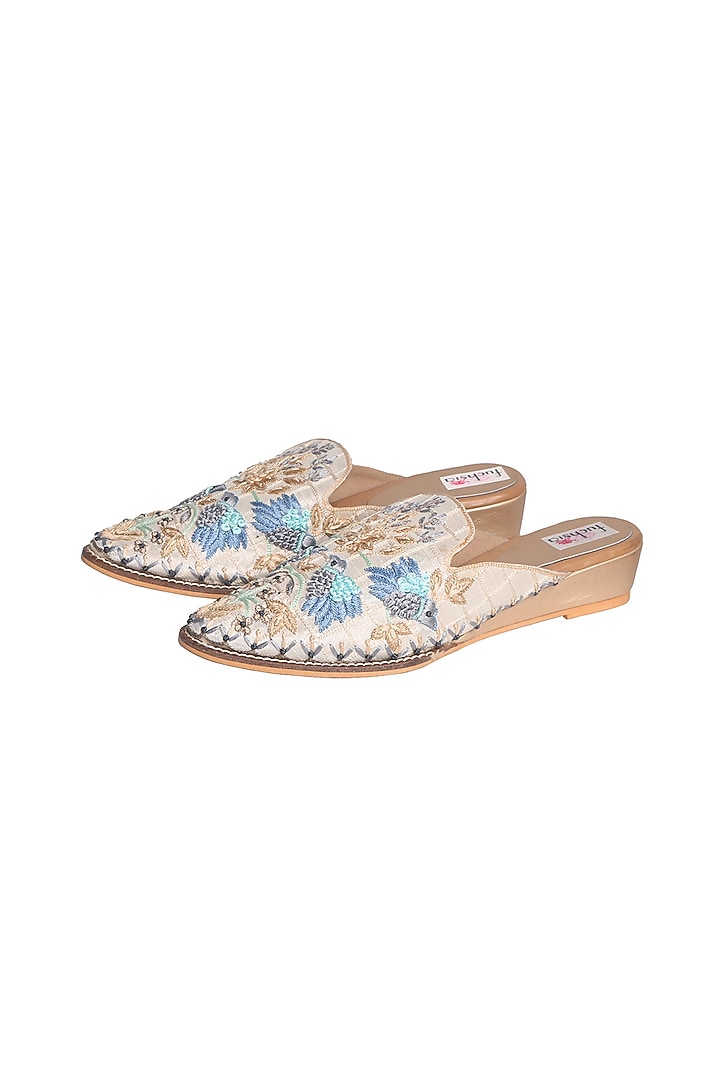 Off-White Hand Embroidered Mules by Fuchsia by Aashka Mehta at Pernia's Pop Up Shop