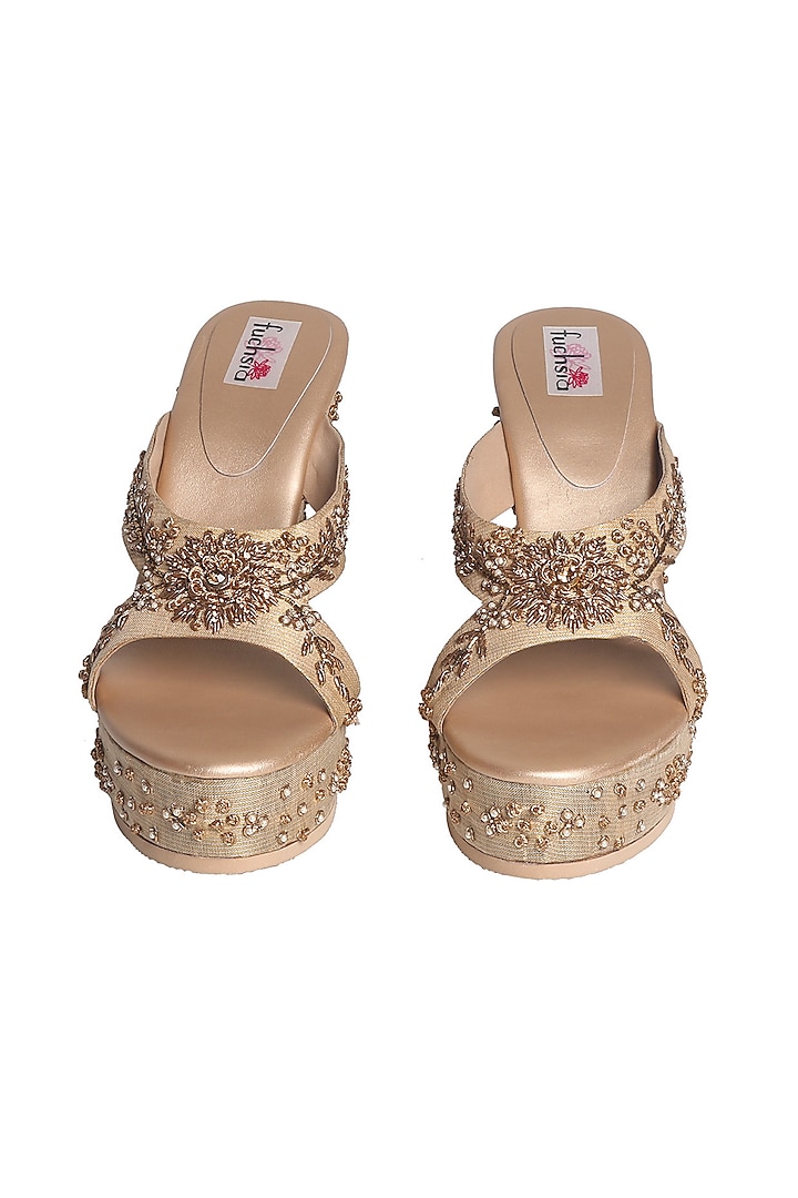 Gold Hand Embroidered Wedges by Fuchsia by Aashka Mehta