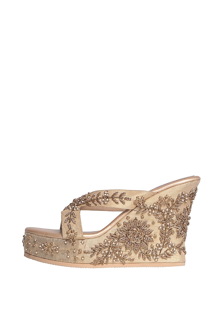 Gold Hand Embroidered Wedges by Fuchsia by Aashka Mehta at Pernia's Pop Up Shop