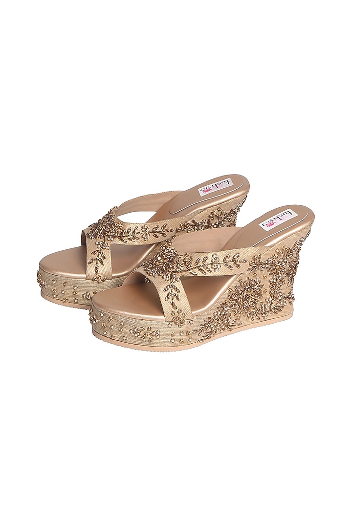 Gold Hand Embroidered Wedges by Fuchsia by Aashka Mehta at Pernia's Pop Up Shop