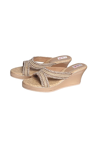 Gold Handcrafted Embellished Sandals by Fuchsia by Aashka Mehta