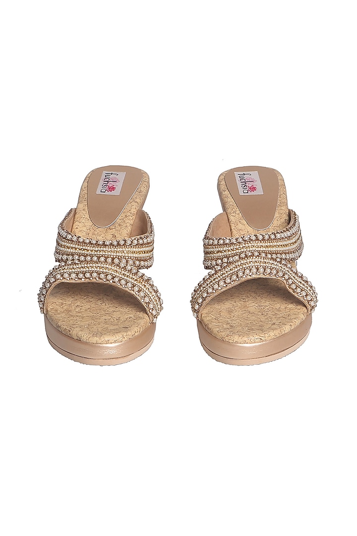 Gold Handcrafted Embellished Sandals by Fuchsia by Aashka Mehta at Pernia's Pop Up Shop