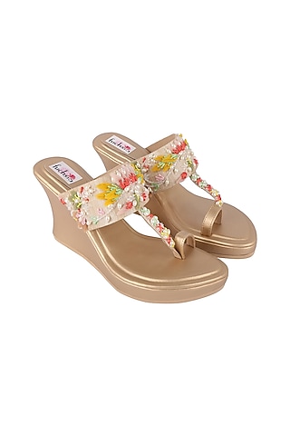 Gold Handcrafted Kolhapuri Wedges by Fuchsia by Aashka Mehta