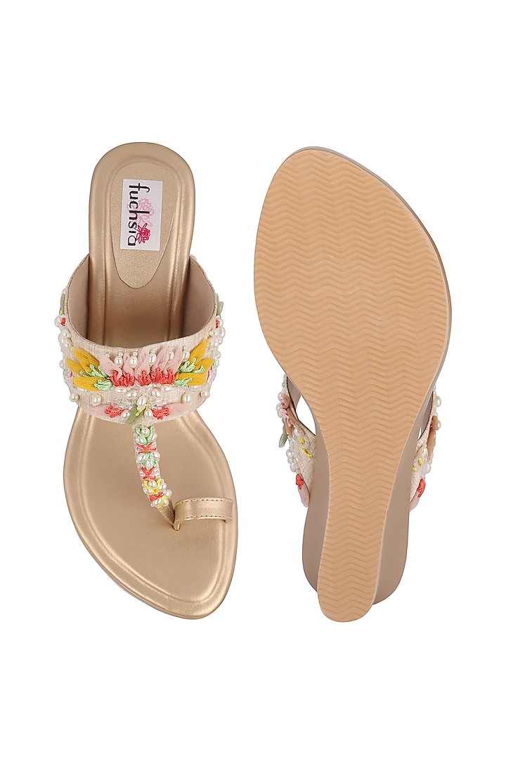 Gold Handcrafted Kolhapuri Wedges by Fuchsia by Aashka Mehta at Pernia's Pop Up Shop