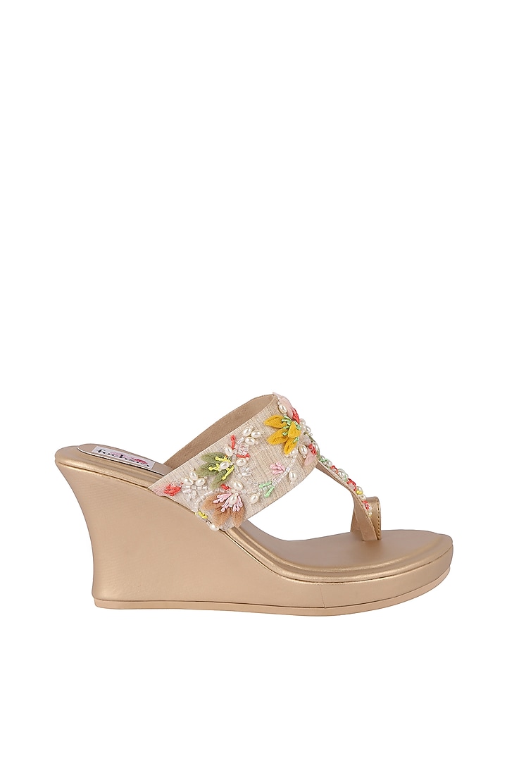 Gold Handcrafted Kolhapuri Wedges by Fuchsia by Aashka Mehta at Pernia's Pop Up Shop