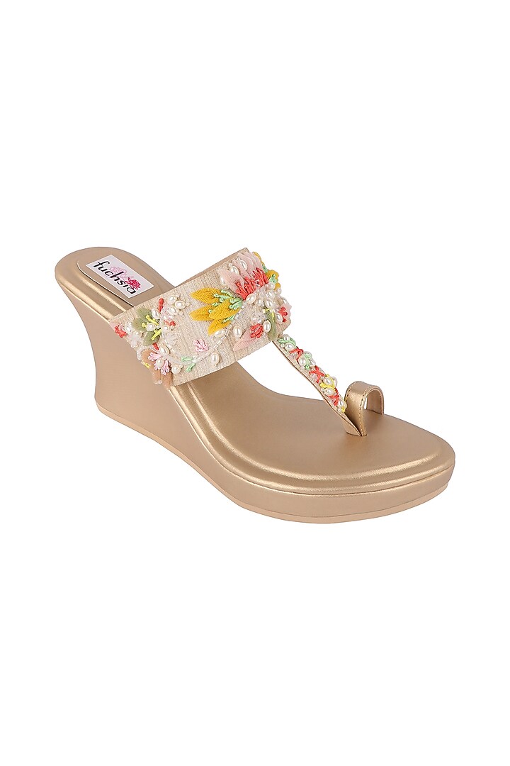 Gold Handcrafted Kolhapuri Wedges by Fuchsia by Aashka Mehta at Pernia's Pop Up Shop