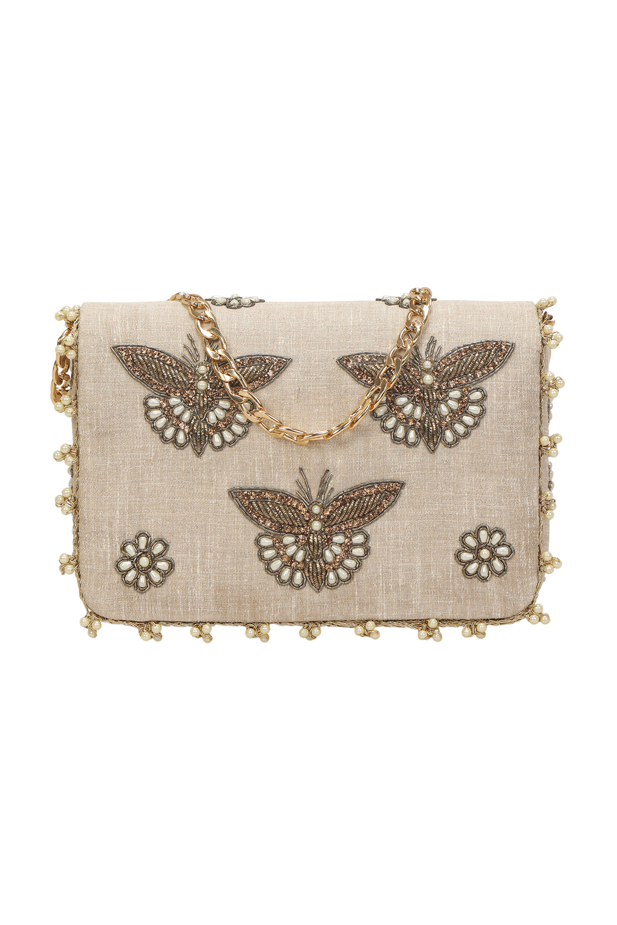 Beige Hand Embroidered Clutch by Fuchsia by Aashka Mehta at Pernia's Pop Up Shop
