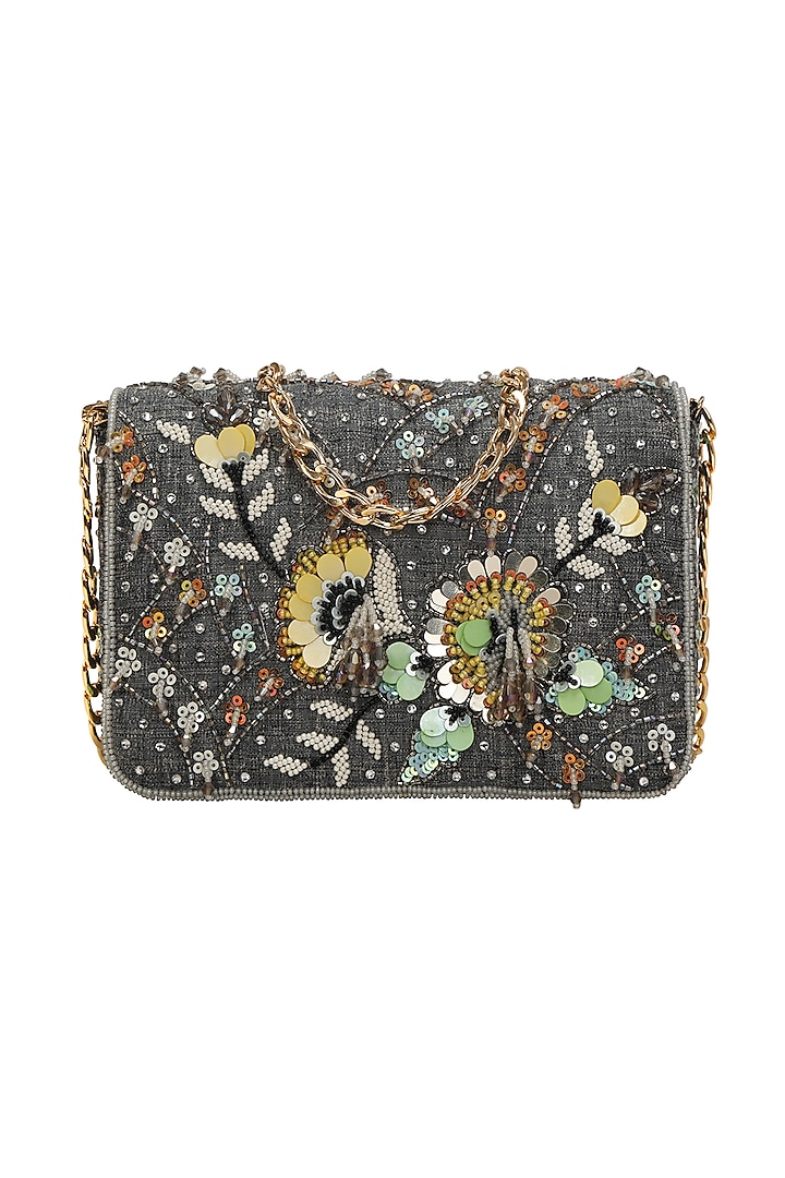 Grey Hand Embroidered Clutch by Fuchsia by Aashka Mehta at Pernia's Pop Up Shop