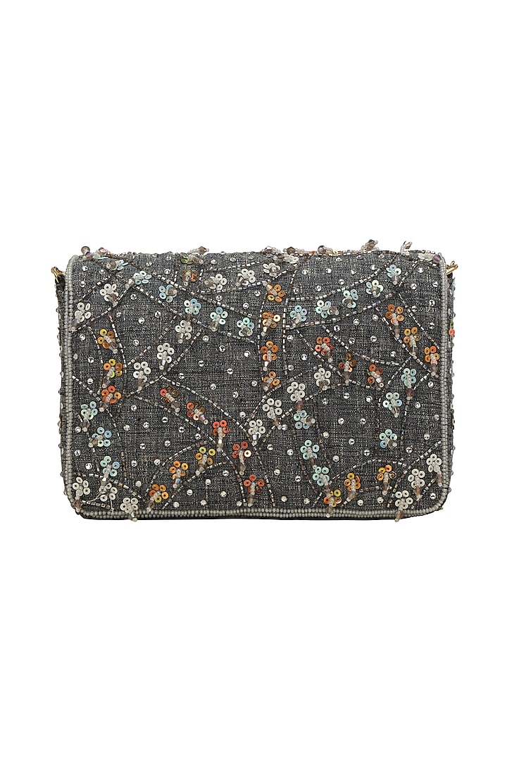Grey Hand Embroidered Clutch by Fuchsia by Aashka Mehta at Pernia's Pop Up Shop