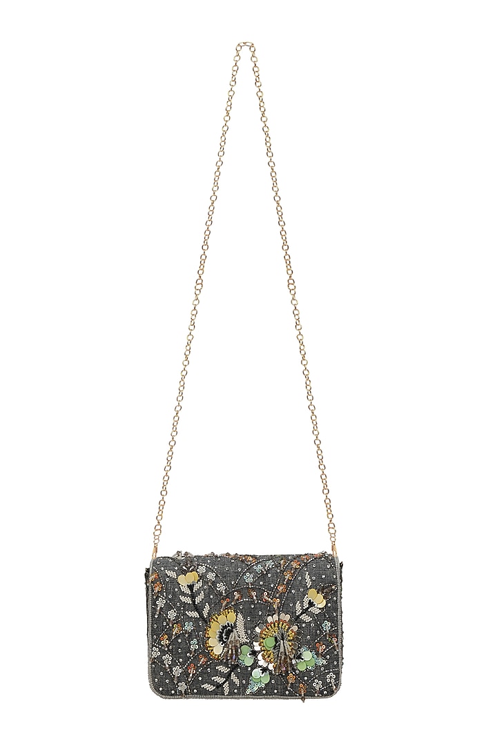 Grey Hand Embroidered Clutch by Fuchsia by Aashka Mehta at Pernia's Pop Up Shop