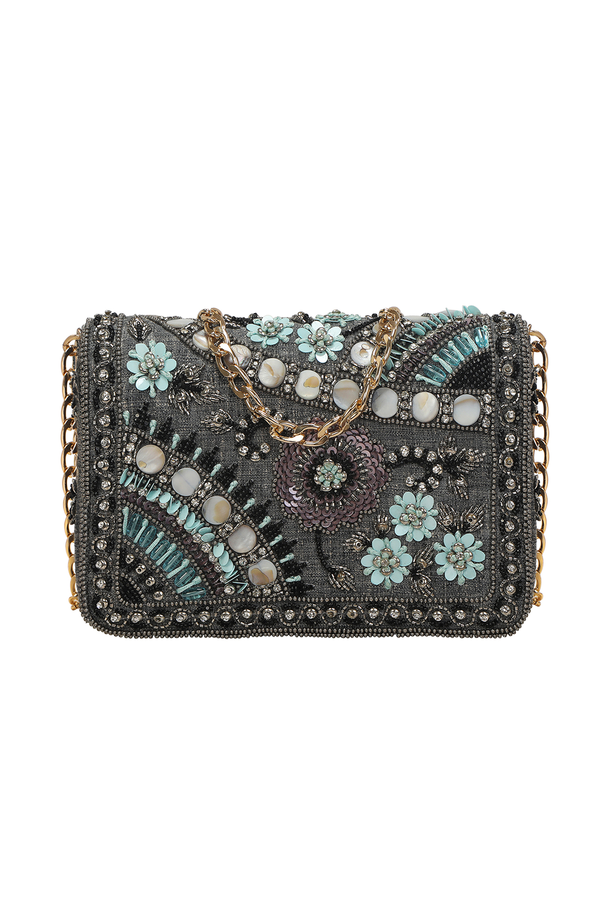 Grey Embroidered Clutch by Fuchsia by Aashka Mehta at Pernia's Pop Up Shop