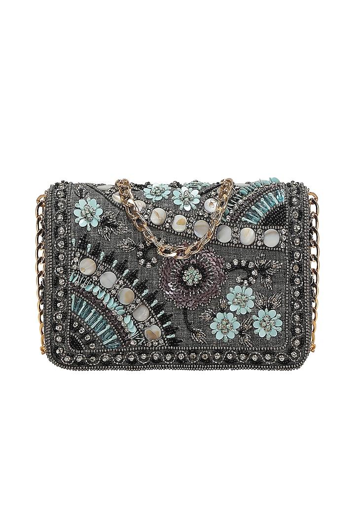 Grey Embroidered Clutch by Fuchsia by Aashka Mehta at Pernia's Pop Up Shop