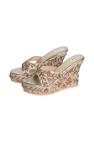 Gold Zardosi Embellished Handcrafted Heels by Fuchsia by Aashka Mehta