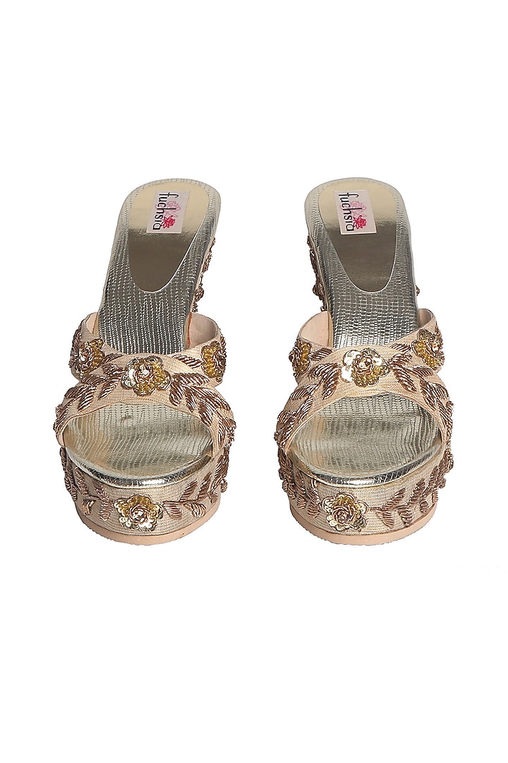 Gold Zardosi Embellished Handcrafted Heels by Fuchsia by Aashka Mehta at Pernia's Pop Up Shop