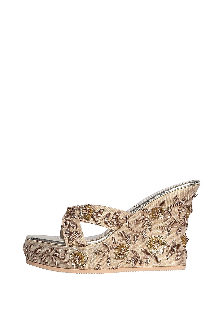 Gold Zardosi Embellished Handcrafted Heels by Fuchsia by Aashka Mehta at Pernia's Pop Up Shop