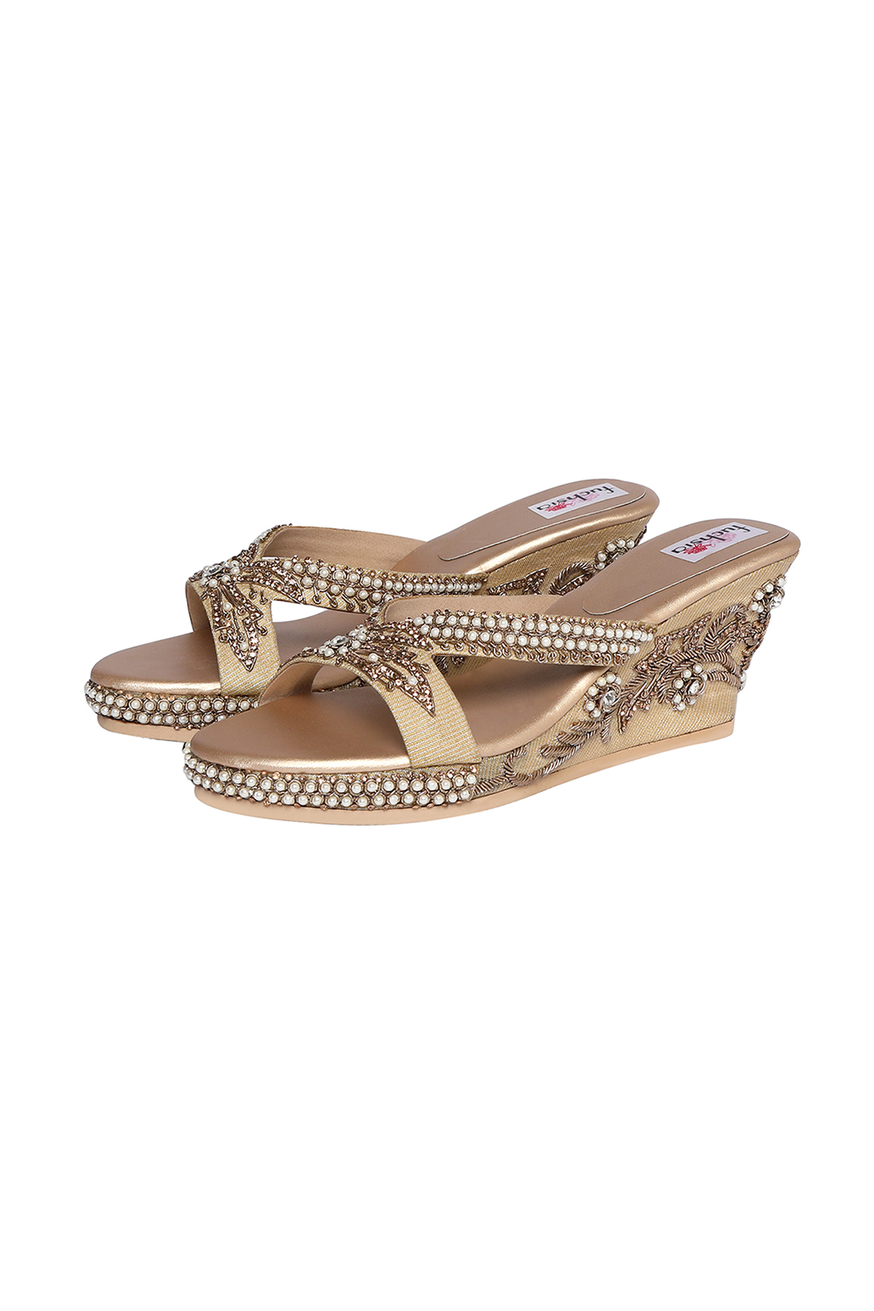 Gold Handcrafted Heels With Pearl Embellishments by Fuchsia by Aashka Mehta at Pernia's Pop Up Shop