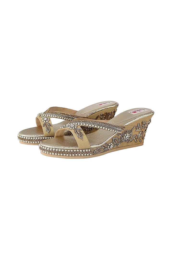Gold Pearl Embellished Heels by Fuchsia by Aashka Mehta