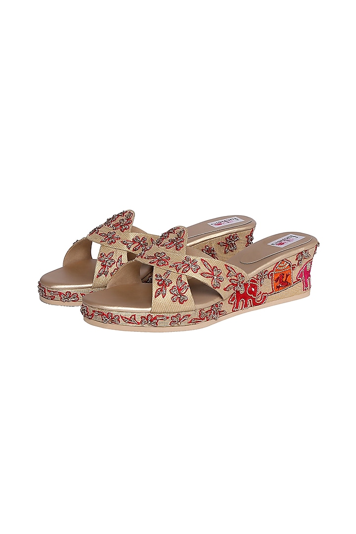 Gold Handcrafted Embellished Wedges by Fuchsia by Aashka Mehta