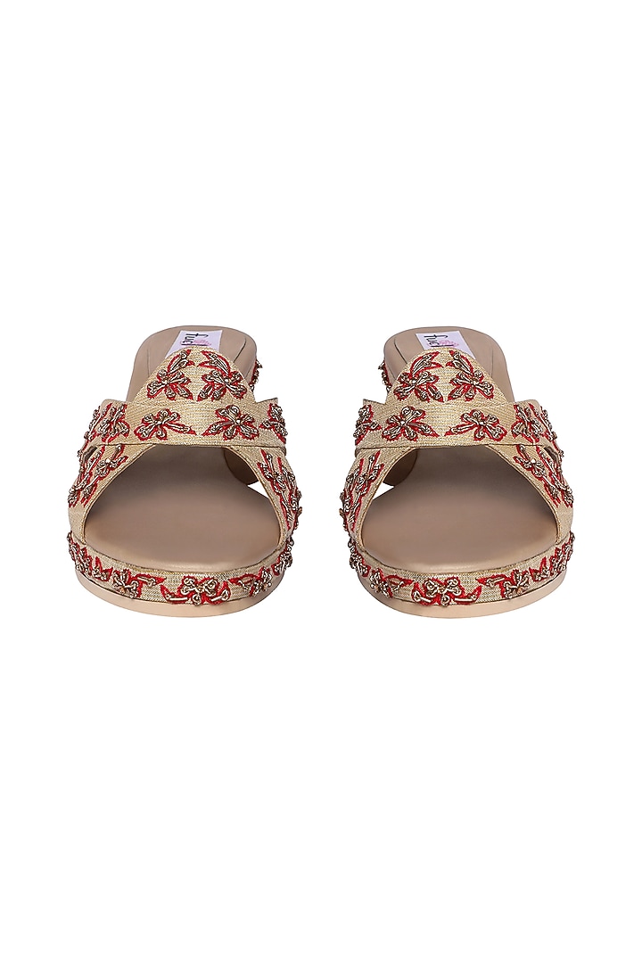 Gold Handcrafted Embellished Wedges by Fuchsia by Aashka Mehta at Pernia's Pop Up Shop