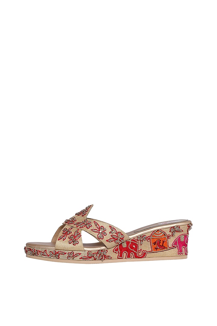 Gold Handcrafted Embellished Wedges by Fuchsia by Aashka Mehta at Pernia's Pop Up Shop