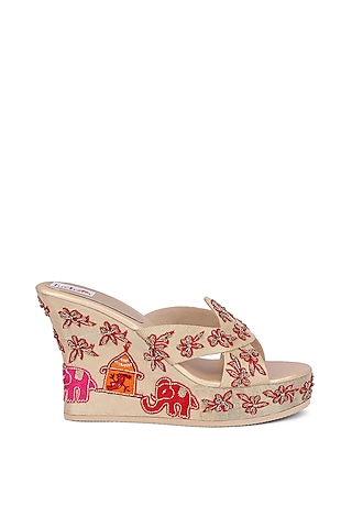 Cream Handcrafted Wedges With Embellishments by Fuchsia by Aashka Mehta