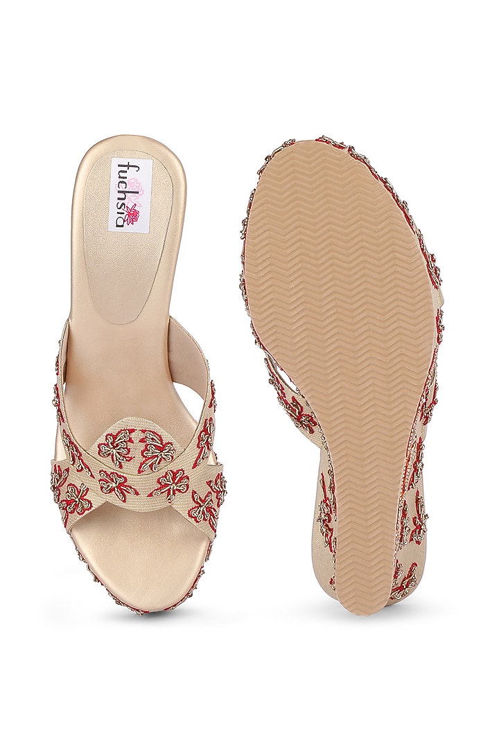 Cream Handcrafted Wedges With Embellishments by Fuchsia by Aashka Mehta at Pernia's Pop Up Shop