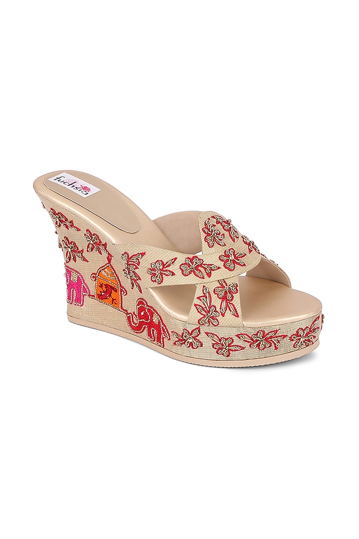Cream Handcrafted Wedges With Embellishments by Fuchsia by Aashka Mehta at Pernia's Pop Up Shop