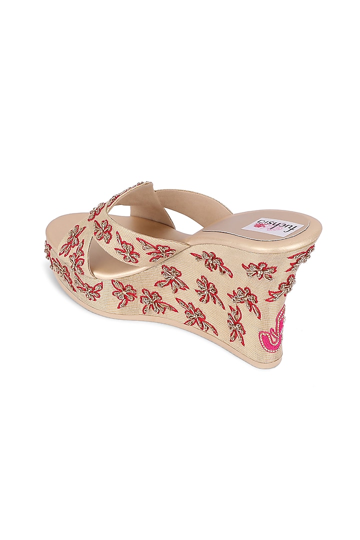 Cream Handcrafted Wedges With Embellishments by Fuchsia by Aashka Mehta at Pernia's Pop Up Shop