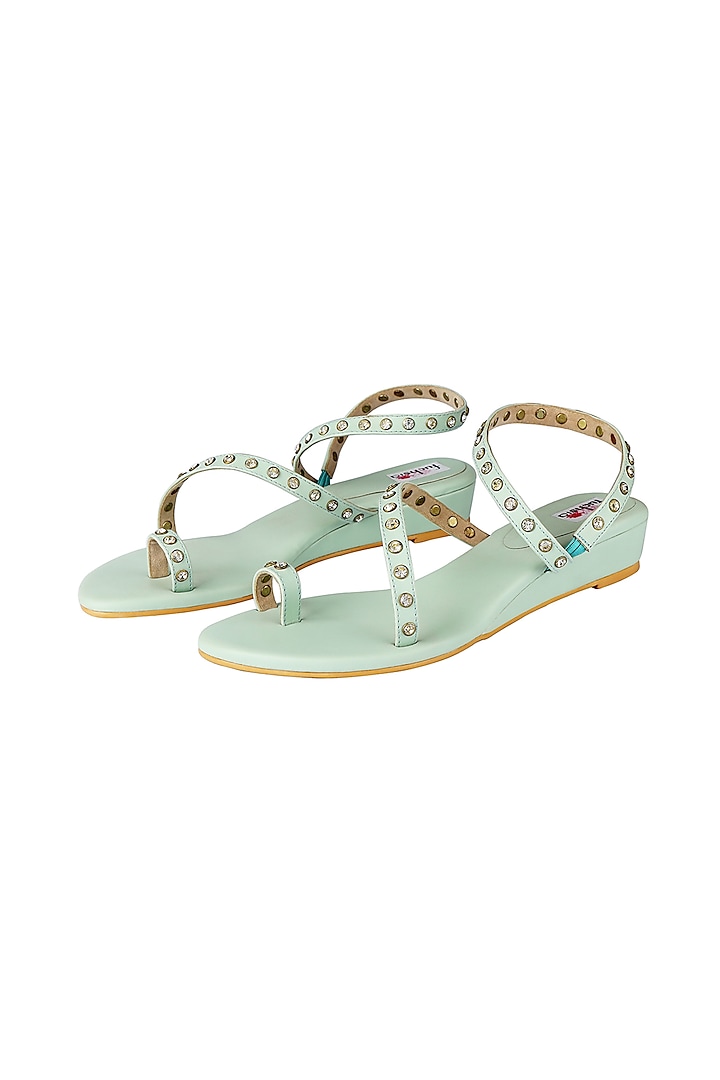 Mint Green Crystal Embellished Handcrafted Sandals by Fuchsia by Aashka Mehta