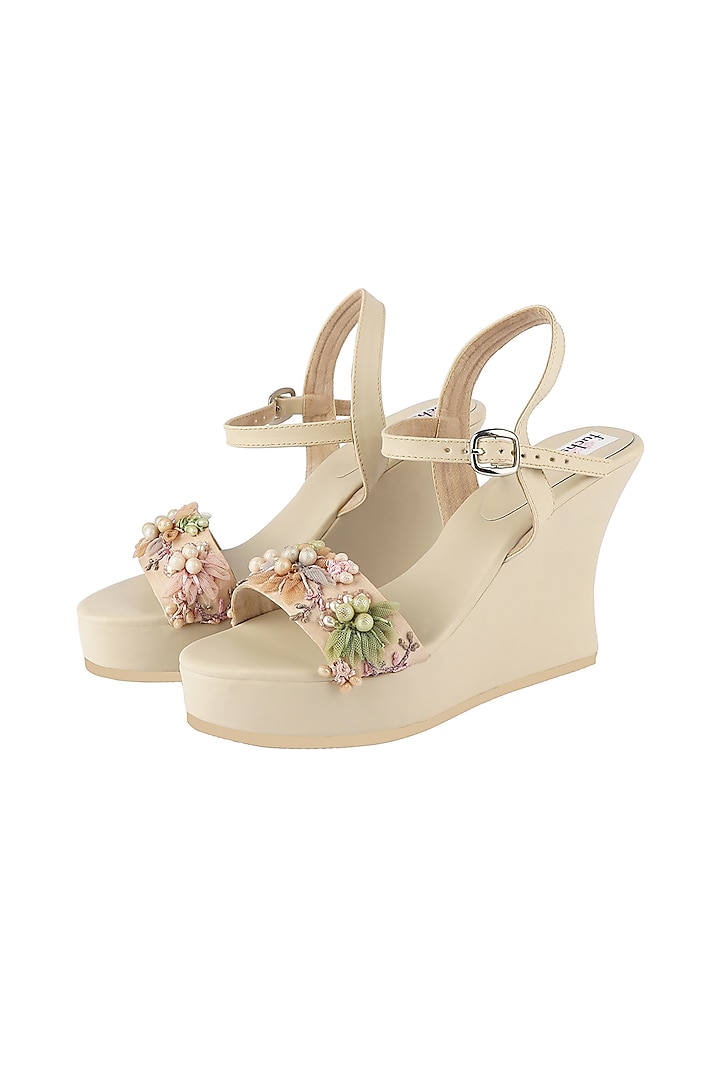 Cream Crystal Embellished Handcrafted Wedges by Fuchsia by Aashka Mehta